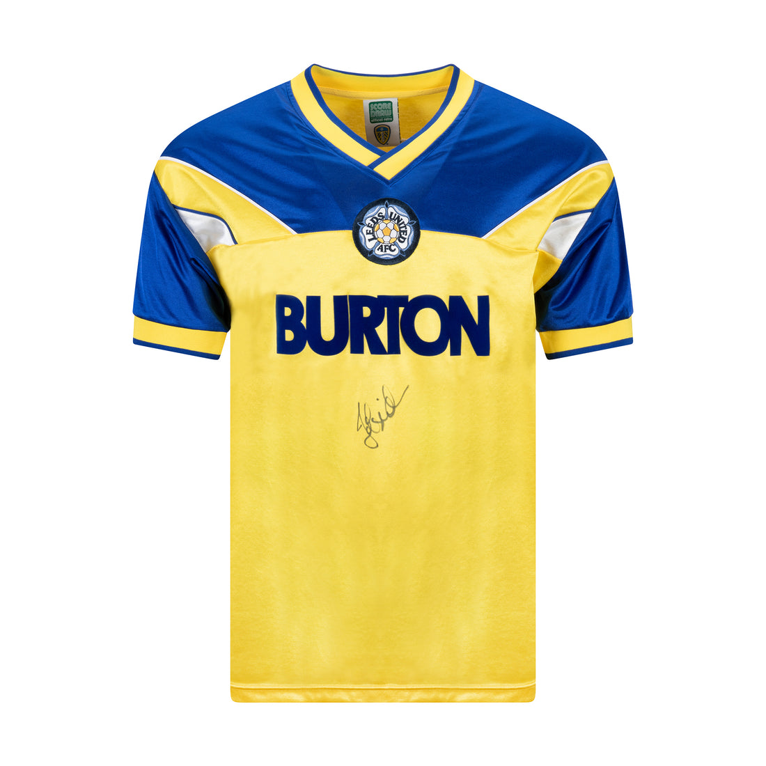 This is a stunning replica Leeds United 1986 away shirt signed by John Sheridan.